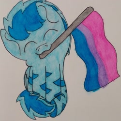 Size: 2377x2378 | Tagged: safe, artist:acid flask, oc, oc only, oc:film wheel, pegasus, pony, zebra, bisexual, bisexual pride flag, chibi, cute, eyes closed, flag, happy, high res, long hair, looking at you, male, mouth hold, pegasus oc, pride, pride flag, simple background, sitting, smiling, smiling at you, stallion, traditional art, watercolor painting, white background, zebra oc