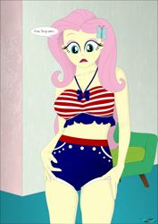 Size: 1308x1848 | Tagged: safe, artist:fab3716, fluttershy, human, comic:epic bikini, comic:epic bikini part 6, equestria girls, g4, breasts, busty fluttershy, clothes, french, solo, stupid sexy fluttershy, swimsuit, translated in the description