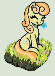 Size: 250x342 | Tagged: safe, artist:maretian, junebug, earth pony, pony, g4, ^^, eating, eyes closed, female, flower, grass, grass field, herbivore, horses doing horse things, junebetes, mare, mouth hold, sitting, smiling, solo