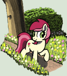 Size: 378x430 | Tagged: safe, artist:maretian, roseluck, earth pony, pony, g4, cute, female, flower, grass, grass field, mare, raised hoof, rosabetes, solo, tree