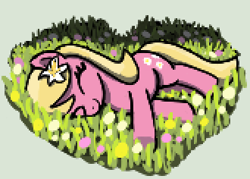 Size: 330x236 | Tagged: safe, artist:maretian, lily, lily valley, earth pony, pony, g4, cute, female, flower, grass, grass field, heart, hnnng, horses doing horse things, lilybetes, lying down, lying on the ground, mare, sleeping, smiling, solo