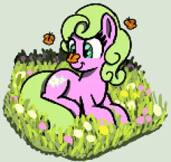 Size: 306x290 | Tagged: safe, artist:maretian, daisy, flower wishes, butterfly, earth pony, pony, g4, adaisable, cross-eyed, cute, cutie wishes, diadaises, female, flower, grass, grass field, lying down, lying on the ground, mare, smiling, solo