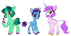 Size: 2047x1037 | Tagged: safe, artist:webkinzworldz, part of a set, classical unicorn, earth pony, pony, unicorn, spoiler:the owl house, amity blight, cloven hooves, dyed mane, dyed tail, ear piercing, earring, flower, glasses, gus porter, horn, jewelry, leonine tail, piercing, ponified, simple background, spoilers for another series, tail, the owl house, trio, unshorn fetlocks, white background, willow park, witch, witch pony