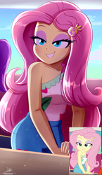 Size: 1934x3334 | Tagged: safe, artist:the-butch-x, editor:incredibubbleirishguy, screencap, fluttershy, butterfly, human, equestria girls, equestria girls series, g4, spring breakdown, spoiler:eqg series (season 2), bare shoulders, beautiful, beautisexy, bedroom eyes, blushing, breasts, busty fluttershy, clothes, cloud, cruise outfit, cute, eyebrows, eyeshadow, female, flutterbeautiful, geode of fauna, grin, hairclip, high res, magical geodes, makeup, outdoors, scene interpretation, screencap reference, sexy, shorts, shyabetes, signature, sky, smiling, solo, stupid sexy fluttershy, yacht