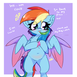 Size: 2000x2000 | Tagged: safe, artist:jubyskylines, rainbow dash, pegasus, pony, g4, belly, belly blush, belly button, bipedal, blushing, colored hooves, colored wings, colored wingtips, female, high res, hooves together, magic the gathering, mare, nervous, passepartout, talking to viewer, tongue out, wings