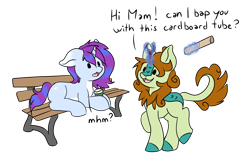 Size: 4904x3104 | Tagged: safe, artist:noxi1_48, oc, oc only, kirin, pony, unicorn, daily dose of friends, bench, cardboard tube, duo, floppy ears, lying down, magic, open mouth, open smile, simple background, smiling, telekinesis, transparent background