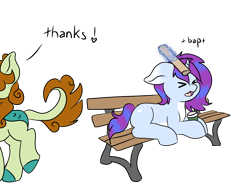 Size: 3998x3104 | Tagged: safe, artist:noxi1_48, oc, oc only, kirin, pony, unicorn, daily dose of friends, ><, bench, cardboard tube, duo, eyes closed, floppy ears, high res, lying down, magic, simple background, telekinesis, transparent background