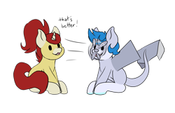 Size: 4373x2815 | Tagged: safe, artist:noxi1_48, oc, oc only, oc:treble pen, original species, plane pony, pony, unicorn, daily dose of friends, duo, open mouth, open smile, plane, simple background, sitting, smiling, transparent background