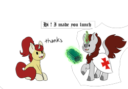 Size: 4879x3392 | Tagged: safe, artist:noxi1_48, oc, oc only, oc:holy sword, oc:treble pen, kirin, pony, unicorn, daily dose of friends, duo, open mouth, open smile, simple background, sitting, smiling, transparent background