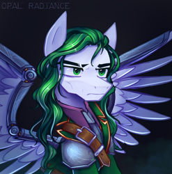 Size: 2868x2903 | Tagged: safe, artist:opal_radiance, oc, oc only, oc:togfort beacon, pegasus, pony, armor, clothes, eyebrow slit, eyebrows, frown, gradient background, green, high res, male, pegasus oc, signature, solo, spread wings, stallion, stallion oc, suit, uniform, wings