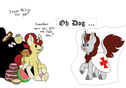 Size: 4879x3392 | Tagged: safe, artist:noxi1_48, oc, oc only, oc:holy sword, oc:treble pen, kirin, pony, unicorn, daily dose of friends, cake, duo, food, open mouth, open smile, pie, raised hoof, simple background, smiling, standing, transparent background, watermelon