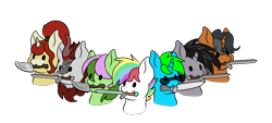 Size: 4936x2224 | Tagged: safe, artist:noxi1_48, oc, oc only, oc:holy sword, oc:treble pen, kirin, pony, unicorn, daily dose of friends, bust, group shot, knife, mouth hold, simple background, sword, transparent background, weapon