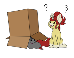 Size: 3344x2632 | Tagged: safe, artist:noxi1_48, oc, oc only, oc:treble pen, pony, unicorn, daily dose of friends, behaving like a cat, box, cardboard box, duo, high res, open mouth, open smile, question mark, simple background, sitting, smiling, transparent background