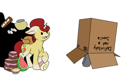Size: 4360x2736 | Tagged: safe, artist:noxi1_48, oc, oc only, oc:treble pen, bird, pony, unicorn, daily dose of friends, box, cake, cardboard box, duo, ears back, food, pie, raised hoof, simple background, standing, transparent background, watermelon