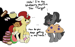 Size: 4360x2736 | Tagged: safe, artist:noxi1_48, oc, oc only, oc:sonia star song, oc:treble pen, bat pony, pony, unicorn, daily dose of friends, cake, duo, food, open mouth, open smile, pie, simple background, smiling, transparent background, watermelon