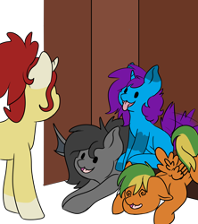 Size: 2504x2820 | Tagged: safe, artist:noxi1_48, oc, oc only, oc:creatio, oc:sonia star song, oc:treble pen, bat pony, pegasus, pony, unicorn, daily dose of friends, behaving like a dog, closet, group, high res, open mouth, open smile, quartet, simple background, sitting, smiling, swirly eyes, tail, tail wag, tongue out, transparent background
