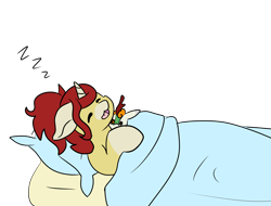 Size: 2888x2192 | Tagged: safe, artist:noxi1_48, oc, oc:treble pen, kirin, pony, unicorn, daily dose of friends, bed, eyes closed, high res, in bed, lying down, on back, onomatopoeia, pillow, plushie, simple background, sleeping, solo, sound effects, transparent background, zzz