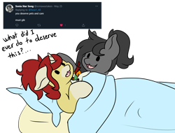 Size: 2888x2192 | Tagged: safe, artist:noxi1_48, oc, oc only, oc:treble pen, kirin, pony, unicorn, daily dose of friends, bed, duo, high res, in bed, lying down, on back, open mouth, open smile, pillow, plushie, simple background, smiling, transparent background