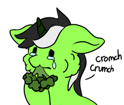 Size: 2116x1783 | Tagged: safe, artist:noxi1_48, oc, oc:onyx stell, pony, unicorn, daily dose of friends, broccoli, bust, crying, eating, floppy ears, food, herbivore, onomatopoeia, simple background, solo