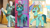 Size: 1280x721 | Tagged: safe, edit, edited screencap, screencap, izzy moonbow, queen haven, thunder flap, pegasus, pony, unicorn, clip trot, g5, my little pony: a new generation, my little pony: make your mark, my little pony: make your mark chapter 2, my little pony: tell your tale, portrait of a princess, spoiler:g5, spoiler:my little pony: tell your tale, armor, coat markings, comparison, female, folded wings, helmet, male, mane melody (location), mare, offscreen character, open mouth, pegasus royal guard, raised hoof, royal guard, smiling, socks (coat markings), solo focus, spread wings, stallion, unshorn fetlocks, wings, zephyr heights