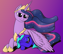 Size: 2364x2000 | Tagged: safe, artist:passionpanther, twilight sparkle, oc, oc:heartbeat, alicorn, pony, unicorn, g4, the last problem, comforting, comforting twilight, crying, gradient background, high res, hug, lying down, older, older twilight, older twilight sparkle (alicorn), princess twilight 2.0, prone, twilight sparkle (alicorn), winghug, wings