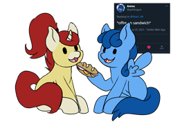 Size: 3200x2336 | Tagged: safe, artist:noxi1_48, oc, oc only, oc:treble pen, pegasus, pony, unicorn, daily dose of friends, duo, food, high res, open mouth, open smile, sandwich, simple background, sitting, smiling, transparent background