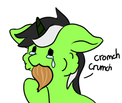 Size: 2116x1783 | Tagged: safe, artist:noxi1_48, oc, oc:onyx stell, pony, unicorn, daily dose of friends, bust, crying, eating, floppy ears, food, herbivore, onion, onomatopoeia, simple background, solo, transparent background
