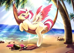 Size: 3000x2171 | Tagged: safe, artist:raranfa, oc, oc only, oc:candy rain, pegasus, pony, beach, clothes, coconut cup, female, hammock, high res, lying down, mare, multicolored mane, multicolored tail, ocean, palm tree, prone, sand, scarf, smiling, solo, spread wings, sultry pose, sunglasses, sunlight, tail, tree, water, wings