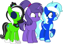 Size: 2148x1496 | Tagged: safe, artist:muhammad yunus, artist:sleepibases, oc, oc only, oc:cool breezes, oc:teahie, oc:violetta cuddles belle, earth pony, pony, unicorn, series:the guardian of leadership, g4, base used, eyepatch, female, mare, ponytail, simple background, transparent background, trio, trio female, wide eyes