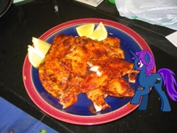 Size: 557x418 | Tagged: safe, artist:train station, oc, oc only, oc:train station, pony, unicorn, flounder (food), food, irl, photo, spicy, spicy blackened flounder