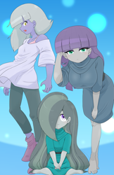 Size: 3419x5268 | Tagged: safe, alternate version, artist:batipin, limestone pie, marble pie, maud pie, human, equestria girls, g4, absurd resolution, barefoot, big breasts, breasts, busty maud pie, feet, female, looking at you, sitting, smiling, smiling at you, toes, trio