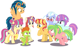 Size: 4856x2928 | Tagged: safe, artist:sarahalen, indigo zap, lemon zest, moondancer, sour sweet, sugarcoat, sunny flare, sunset shimmer, thorax, alicorn, dragon, earth pony, pegasus, pony, unicorn, g4, alternate universe, base used, dragonified, equestria girls ponified, female, glasses, group, male, mare, ponified, role reversal, simple background, species swap, white background