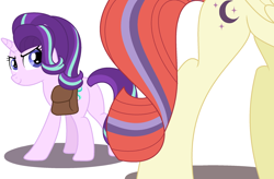 Size: 2330x1528 | Tagged: safe, artist:sarahalen, moondancer, starlight glimmer, alicorn, pony, unicorn, g4, alternate universe, bag, base used, butt, duo, duo female, female, flank, mare, plot, role reversal, saddle bag, simple background, thief, white background