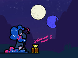 Size: 1800x1350 | Tagged: safe, artist:flutterluv, pinkie pie, earth pony, pony, series:flutterluv's full moon, g4, blue moon, canterlot, full moon, moon, mountain, night, paint, solo, two moons