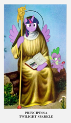 Size: 491x848 | Tagged: safe, artist:pizza split, spike, twilight sparkle, alicorn, dragon, anthro, g4, book, book of harmony, description is relevant, female, halo, italian, male, scepter, twilight scepter, twilight sparkle (alicorn)