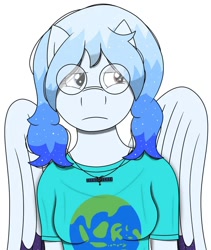 Size: 698x826 | Tagged: safe, oc, oc:altersmay earth, pegasus, pony, anthro, clothes, colored wings, female, glasses, jewelry, looking sideways, necklace, older altersmay earth, pegasus oc, planet ponies, ponified, round glasses, shirt, simple background, solo, t-shirt, unamused, white background, wings