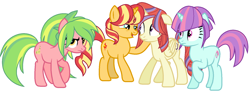 Size: 1658x616 | Tagged: safe, artist:sarahalen, lemon zest, moondancer, sunny flare, sunset shimmer, alicorn, earth pony, pony, unicorn, g4, alicornified, alternate universe, base used, earth pony lemon zest, equestria girls ponified, female, group, mare, moondancercorn, ponified, race swap, role reversal, simple background, unicorn sunny flare, white background