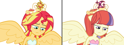 Size: 2054x752 | Tagged: safe, artist:sarahalen, moondancer, sunset shimmer, human, equestria girls, g4, my little pony equestria girls, alternate universe, base used, crown, duo, duo female, equestria girls-ified, female, jewelry, ponied up, regalia, role reversal, simple background, white background
