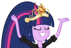 Size: 684x458 | Tagged: safe, artist:sarahalen, twilight sparkle, human, equestria girls, g4, alternate universe, crown, eyes closed, female, jewelry, regalia, role reversal, simple background, solo, white background