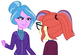 Size: 970x686 | Tagged: safe, artist:sarahalen, mane-iac, moondancer, human, equestria girls, g4, my little pony equestria girls: friendship games, alternate universe, base used, duo, duo female, female, glasses, role reversal, simple background, tresemme, white background