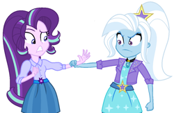 Size: 1072x698 | Tagged: safe, artist:sarahalen, starlight glimmer, trixie, human, equestria girls, g4, my little pony equestria girls: rainbow rocks, alternate hairstyle, alternate universe, base used, duo, duo female, female, role reversal, simple background, white background