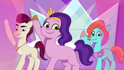 Size: 1280x720 | Tagged: safe, edit, edited screencap, screencap, jazz hooves, pipp petals, rocky riff, earth pony, pegasus, pony, g5, mane melody, my little pony: tell your tale, spoiler:g5, spoiler:my little pony: tell your tale, spoiler:tyts01e05, female, jazz hooves has ears!, male, mare, physique difference, raised hoof, smiling, stallion, trio, wingless