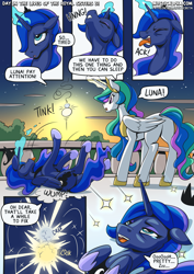 Size: 2171x3070 | Tagged: safe, artist:mysticalpha, princess celestia, princess luna, alicorn, pony, comic:day in the lives of the royal sisters, g4, butt, crown, exhausted, high res, hooves to the chest, jewelry, long mane, lying down, magic, magical mishap, moon, moon work, on back, peytral, plot, regalia, sleepy, standing, sternocleidomastoid, sun, sun work, tangible heavenly object, tongue out