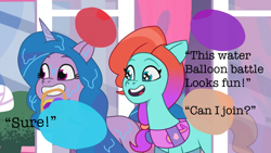 Size: 1280x720 | Tagged: safe, edit, edited screencap, screencap, izzy moonbow, jazz hooves, earth pony, pony, unicorn, all that jazz, g5, my little pony: tell your tale, spoiler:g5, spoiler:my little pony: tell your tale, spoiler:tyts01e27, duo, duo female, female, mane melody (location), mare, open mouth, sparkly eyes, text, wingding eyes