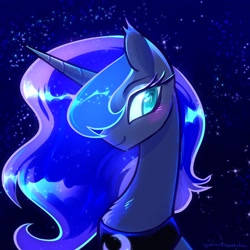 Size: 2048x2048 | Tagged: safe, artist:qwennondeathdie, princess luna, alicorn, pony, g4, beautiful, blushing, chest fluff, eyebrows, female, glowing mane, high res, looking at you, mare, night, peytral, signature, simple background, smiling, smiling at you, solo, stars