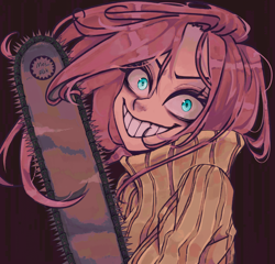Size: 2600x2500 | Tagged: safe, artist:meifuk, fluttershy, human, .mov, shed.mov, g4, alternate hairstyle, chainsaw, clothes, evil smile, female, fluttershed, grin, high res, humanized, smiling, solo, sweater, sweatershy, this will end in death