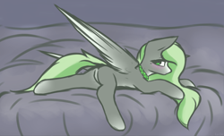 Size: 2480x1508 | Tagged: safe, artist:lu.de, oc, oc only, oc:jade stonesetter, pegasus, pony, blushing, butt, featureless crotch, green eyes, green mane, green tail, looking at you, lying down, pegasus oc, plot, solo, spread wings, tail, wings