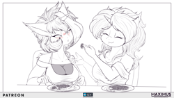 Size: 3840x2160 | Tagged: safe, artist:maximus, oc, oc only, oc:solaria, oc:sunlight stellaris, unicorn, anthro, blushing, breasts, cleavage, duo, eating, eyes closed, female, food, fork, high res, knife, monochrome, partial color, pasta, shoulder fluff, smiling, spaghetti