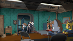 Size: 3840x2160 | Tagged: safe, artist:dddromm, oc, oc only, oc:littlepip, oc:littlepip's mother, oc:velvet remedy, pony, unicorn, fallout equestria, angry, apple, food, high res, horn, indoors, stable (vault), stable 2, unicorn oc