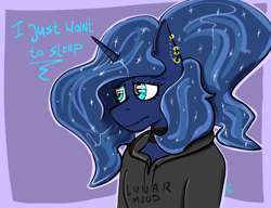Size: 1080x831 | Tagged: safe, artist:raw16, princess luna, alicorn, anthro, g4, bored, clothes, collar, ear piercing, hoodie, horn, piercing, ponytail, sad, shiny mane, simple background, solo, tired